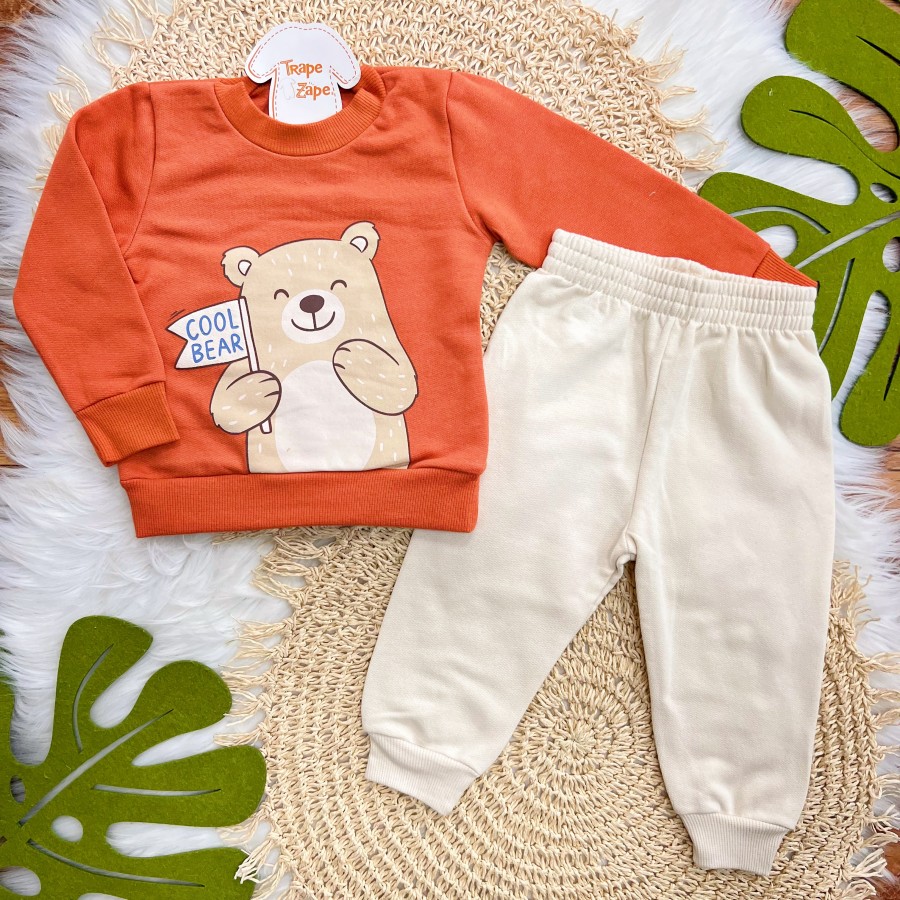 Conj. Casaco Cool Bear e Calça de Moletom - Laranja e Areia